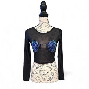 NWT H&M Divided Black Sheer Seashell Sequin Mermaid Long Sleeve Crop Top - XS